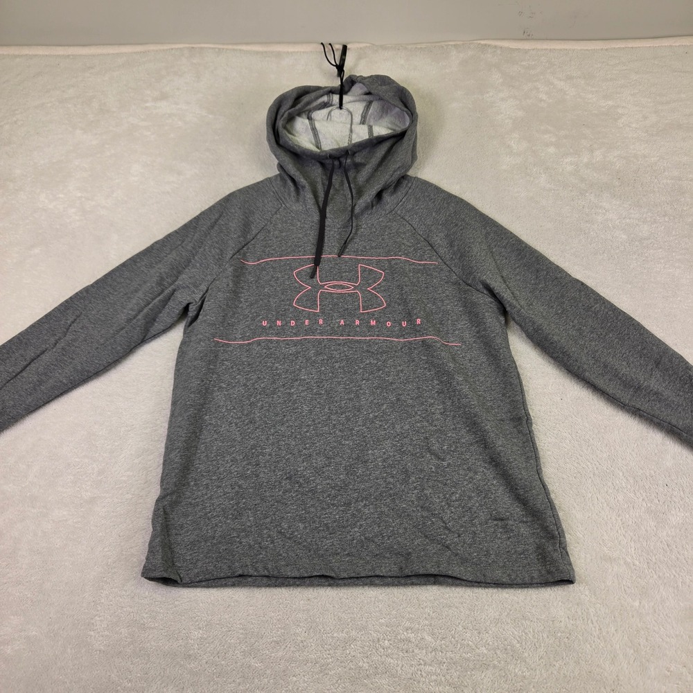 Under Armour Womens Loose Fit Hoodie Gray Pink Logo Pullover Size Medium